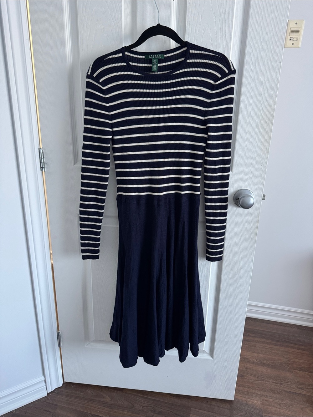Lauren Ralph Lauren Navy and White Striped Knit Fit-and-Flare Dress
